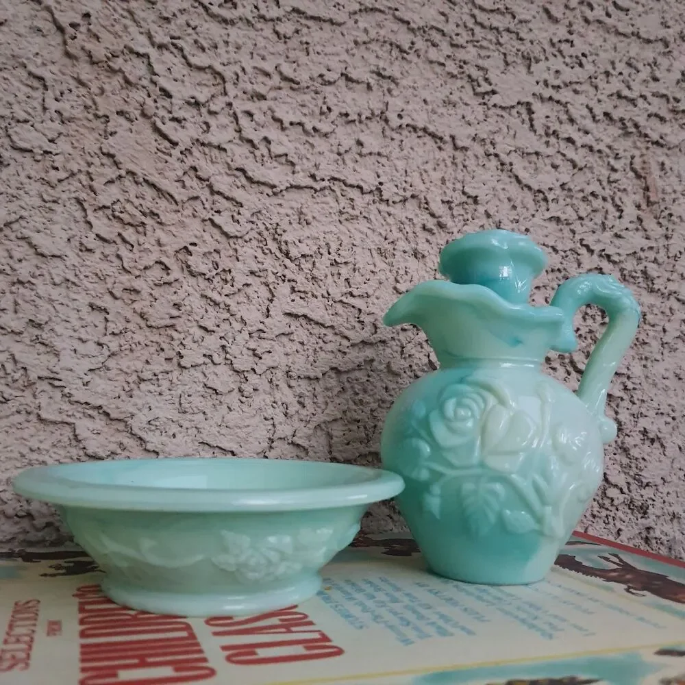 Vintage 70s Avon Skin So Soft Pitcher & Bowl Jadeite color Milk Glass 6'' Empty